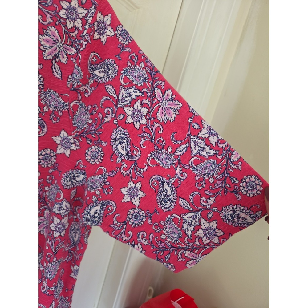 J. Jill Pima Slub Elbow Sleeve Floral Paisley Pink V Neck Tee Large - Picture 4 of 6